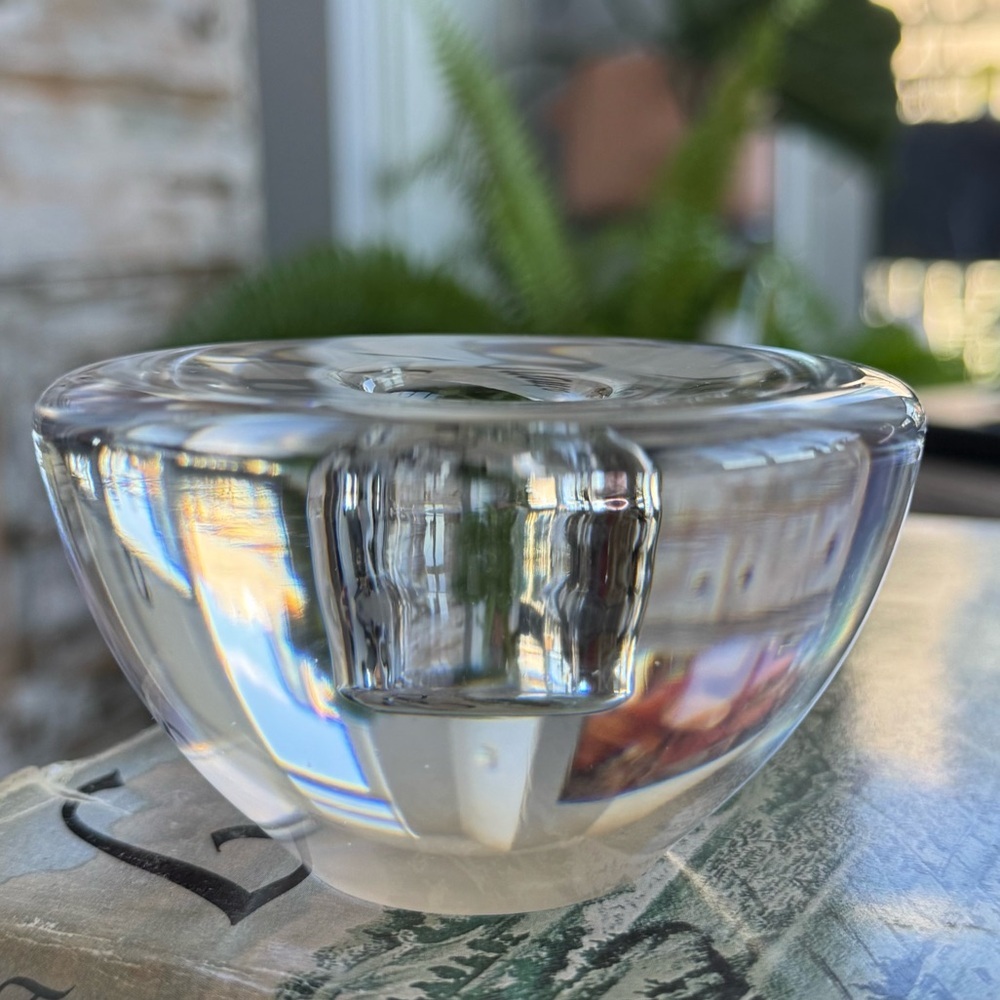 Large Orrefors Swedish Crystal Glass Puck Candlestick Holder Signed Vintage
